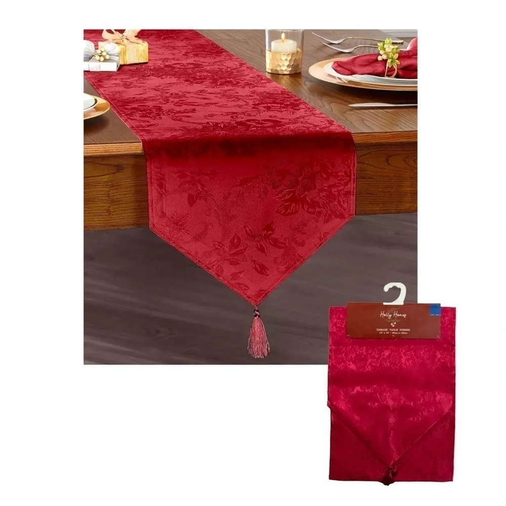 Christmas Silky Damask Table Runner Holly Homes Holiday Tassels Red 13 x 72 in